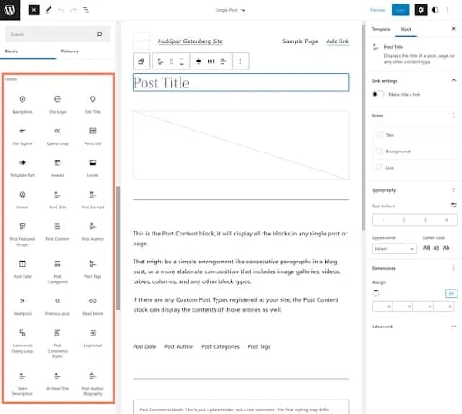 What it looks like to edit a template in WordPress using the Gutenberg block editor